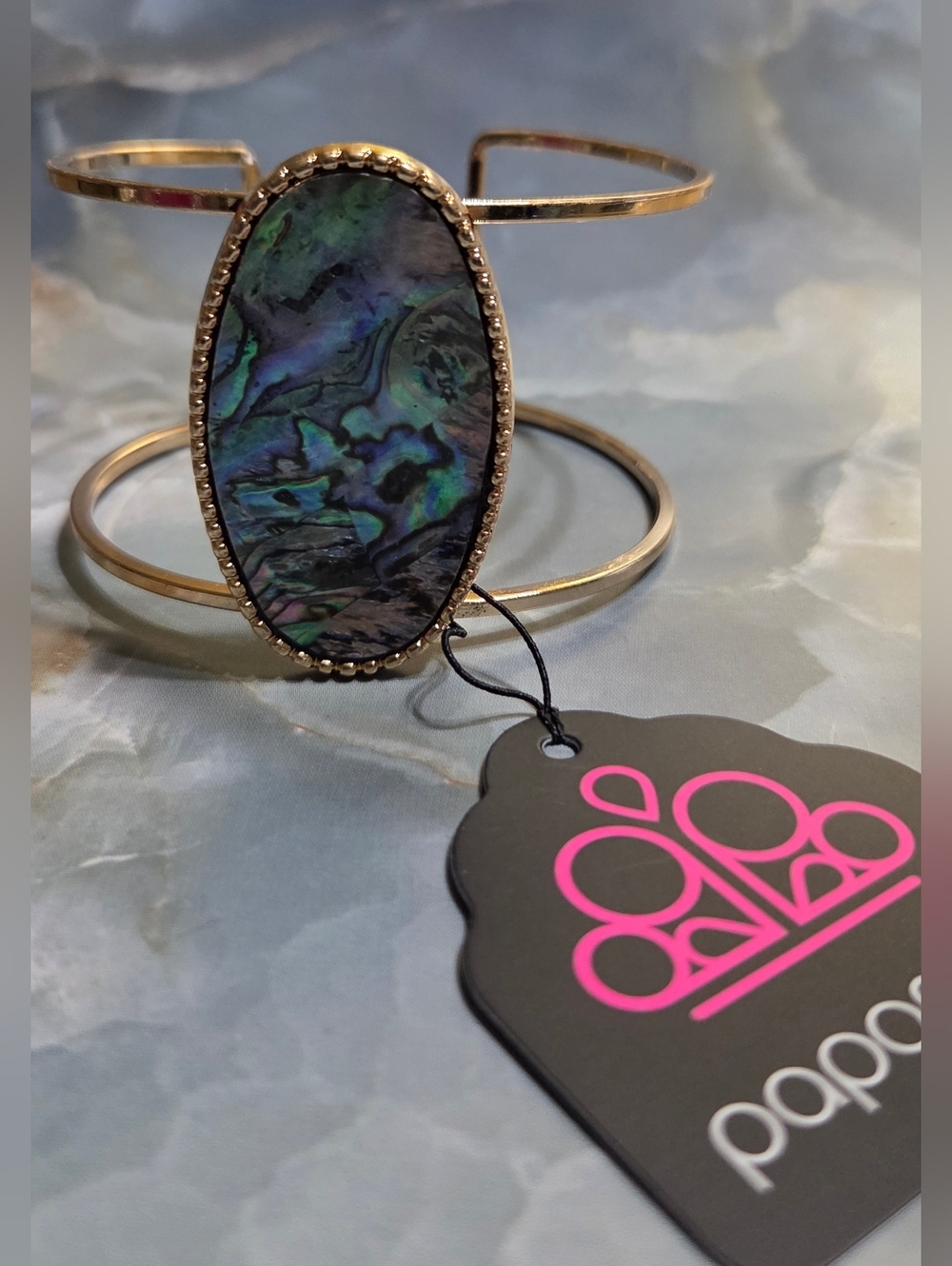 Paparazzi Gold-Tone Cuff Bracelet with Teal and Purple Abalone Oval